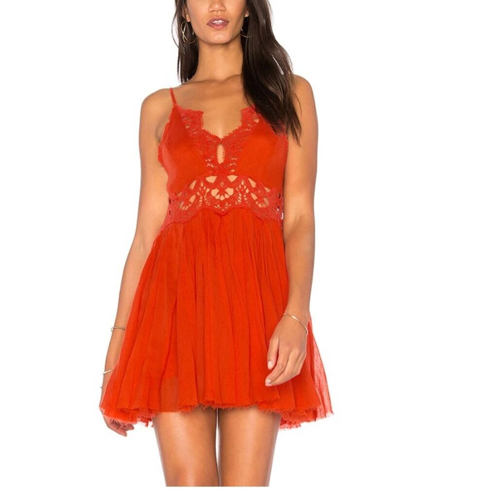 FREE PEOPLE FP ONE Ilektra Lace Inset Cotton Chemise Slip Dress Orange Womens XS